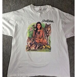 Vintage South Dakota Native American Girl with Wolf Flowers T-shirt Size XL